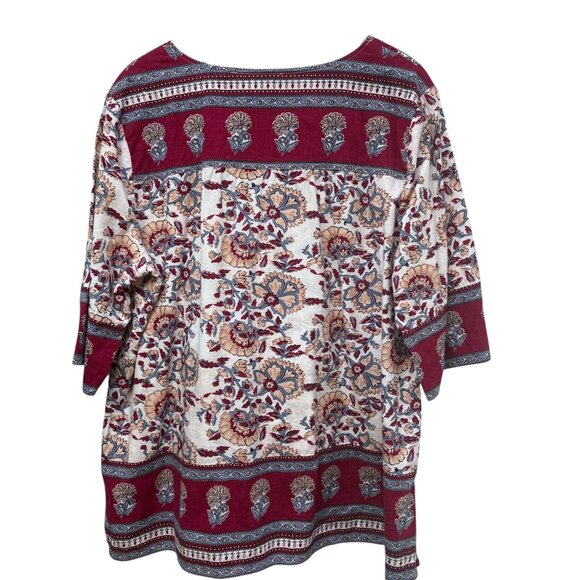 Vermont Country Store Womens Top Plus Size 1X Red Boho India Print 3/4 Sleeve - Picture 5 of 8